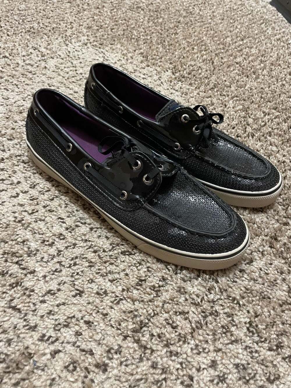 Sperry Top-Sider Women's Black Sequin and Patent Leather Boat Shoes
